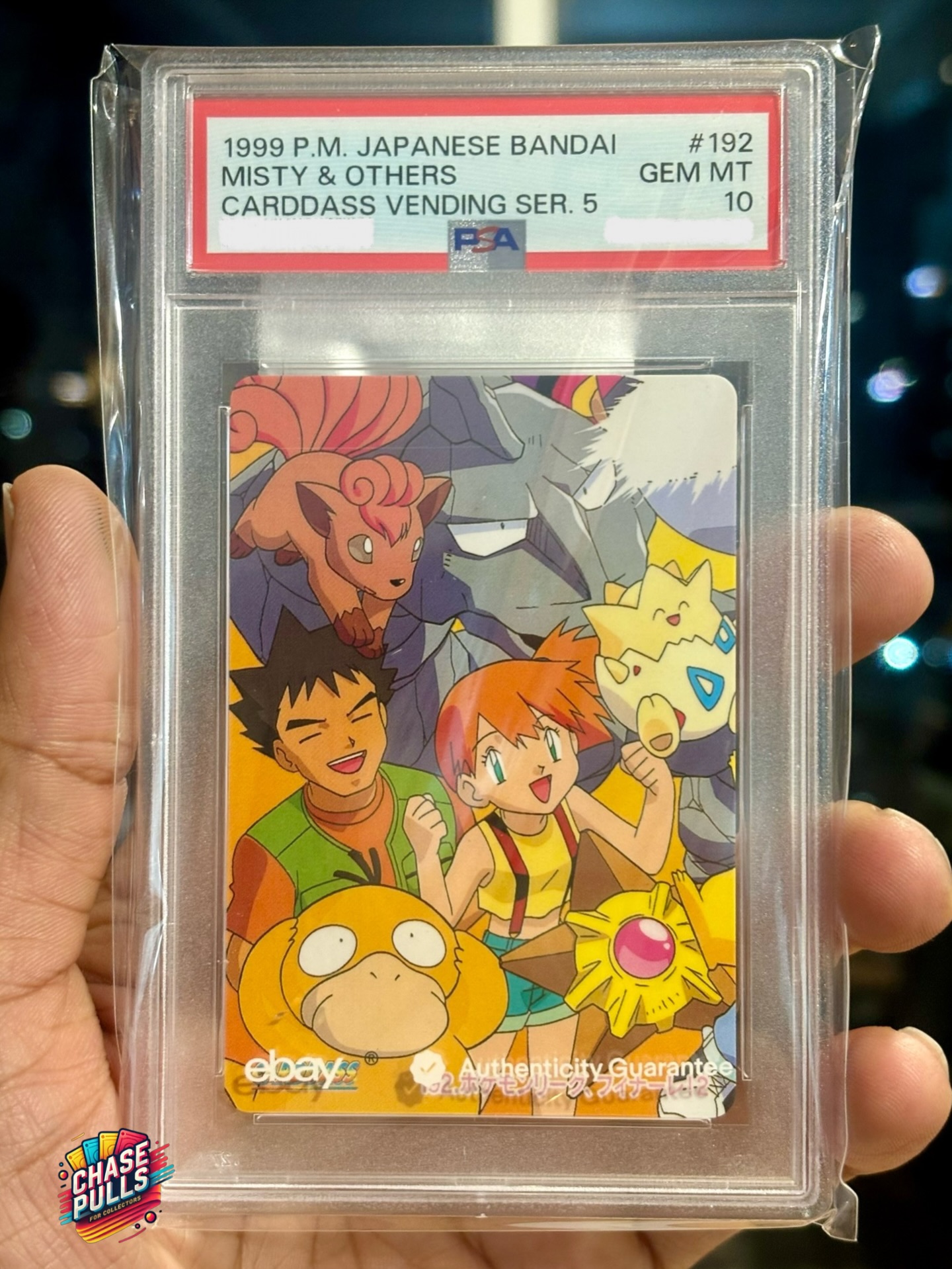 Peak Pokémon nostalgia in one frame.

Not really a TCG card… but I had to get this for the nostalgia.

1999 Pokémon Japanese Bandai Carddass Vending Series 5 #192 – Misty & Others
PSA 10 | Pop 107

Misty and Brock - arguably the most iconic companions from the original journey.
And the Pokémon here? Pure childhood:
Psyduck – unintentionally stealing every scene
Togepi – the cutest era of the anime
Vulpix – Brock’s underrated gem
Staryu – Misty’s OG battle partner

This isn’t about rarity
Cards like these remind me why I started collecting.

Personal Collection ✨
